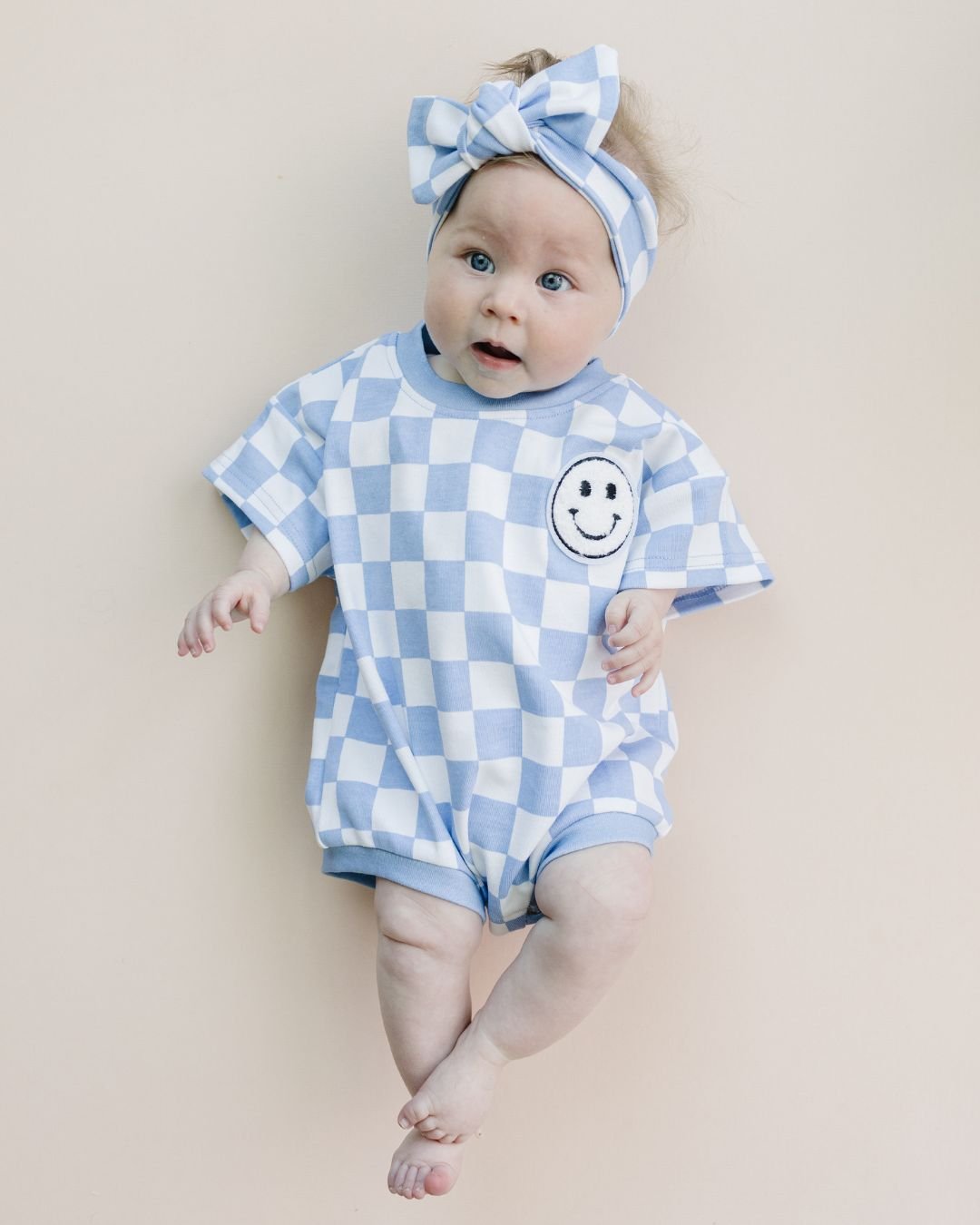 Short Sleeve Bubble Romper | Checkered Smiley Blue - Mack & Harvie