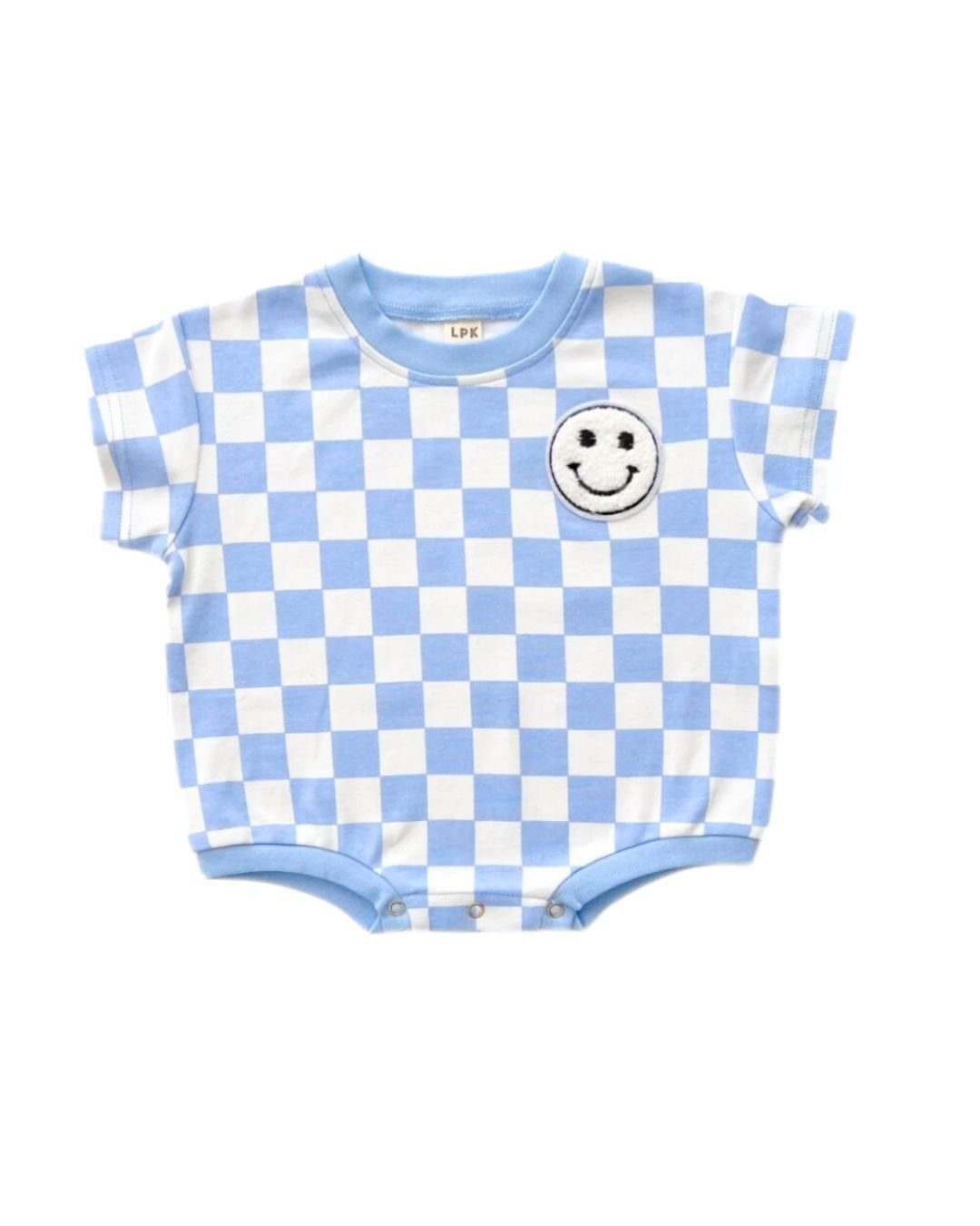 Short Sleeve Bubble Romper | Checkered Smiley Blue - Mack & Harvie