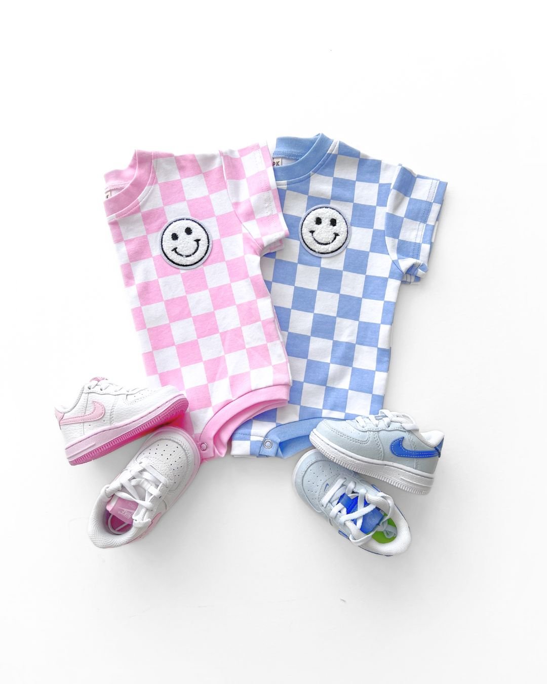 Short Sleeve Bubble Romper | Checkered Smiley Blue - Mack & Harvie