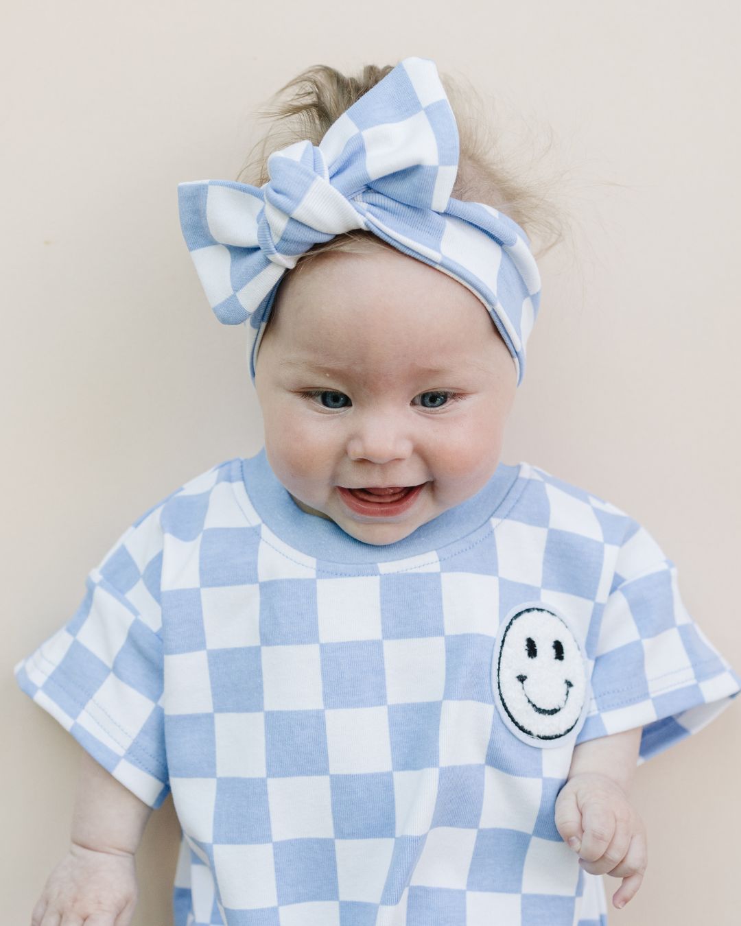 Short Sleeve Bubble Romper | Checkered Smiley Blue - Mack & Harvie