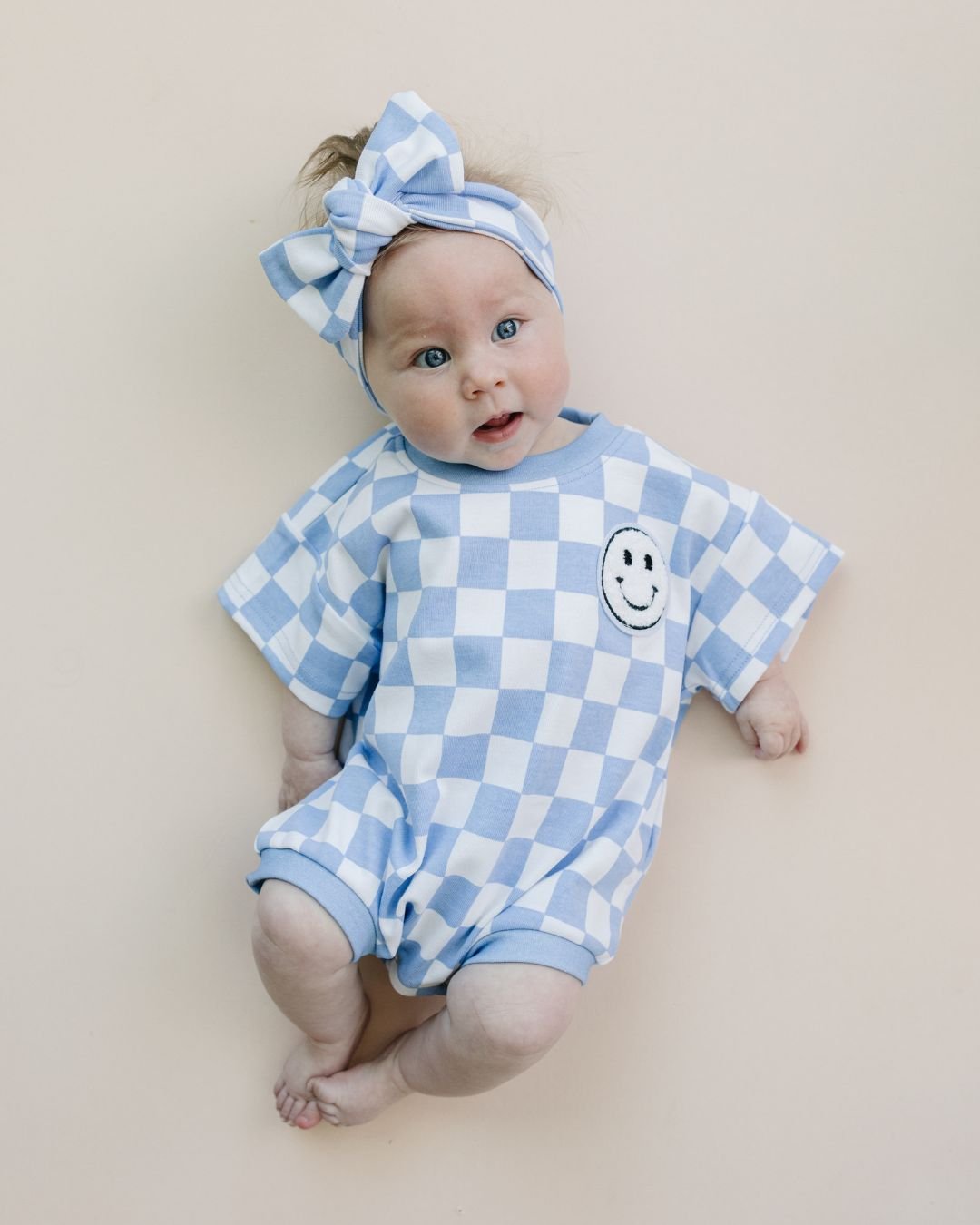 Short Sleeve Bubble Romper | Checkered Smiley Blue - Mack & Harvie