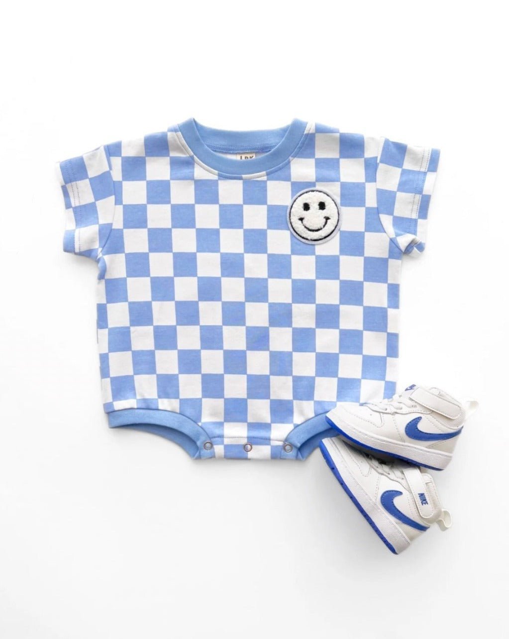 Short Sleeve Bubble Romper | Checkered Smiley Blue - Mack & Harvie