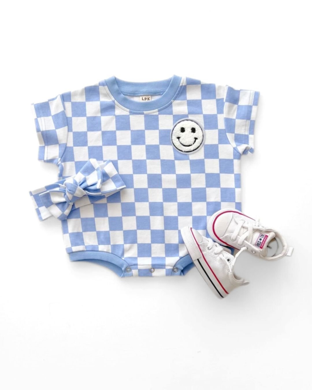 Short Sleeve Bubble Romper | Checkered Smiley Blue - Mack & Harvie