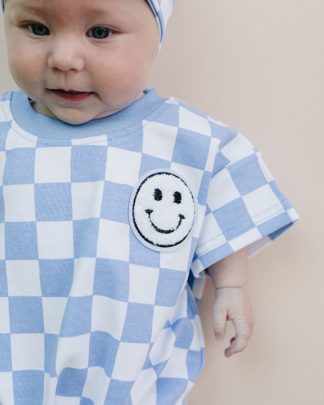 Short Sleeve Bubble Romper | Checkered Smiley Blue - Mack & Harvie