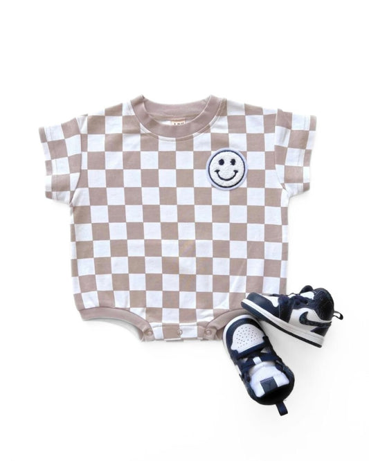 Short Sleeve Bubble Romper | Checkered Smiley Latte - Mack & Harvie