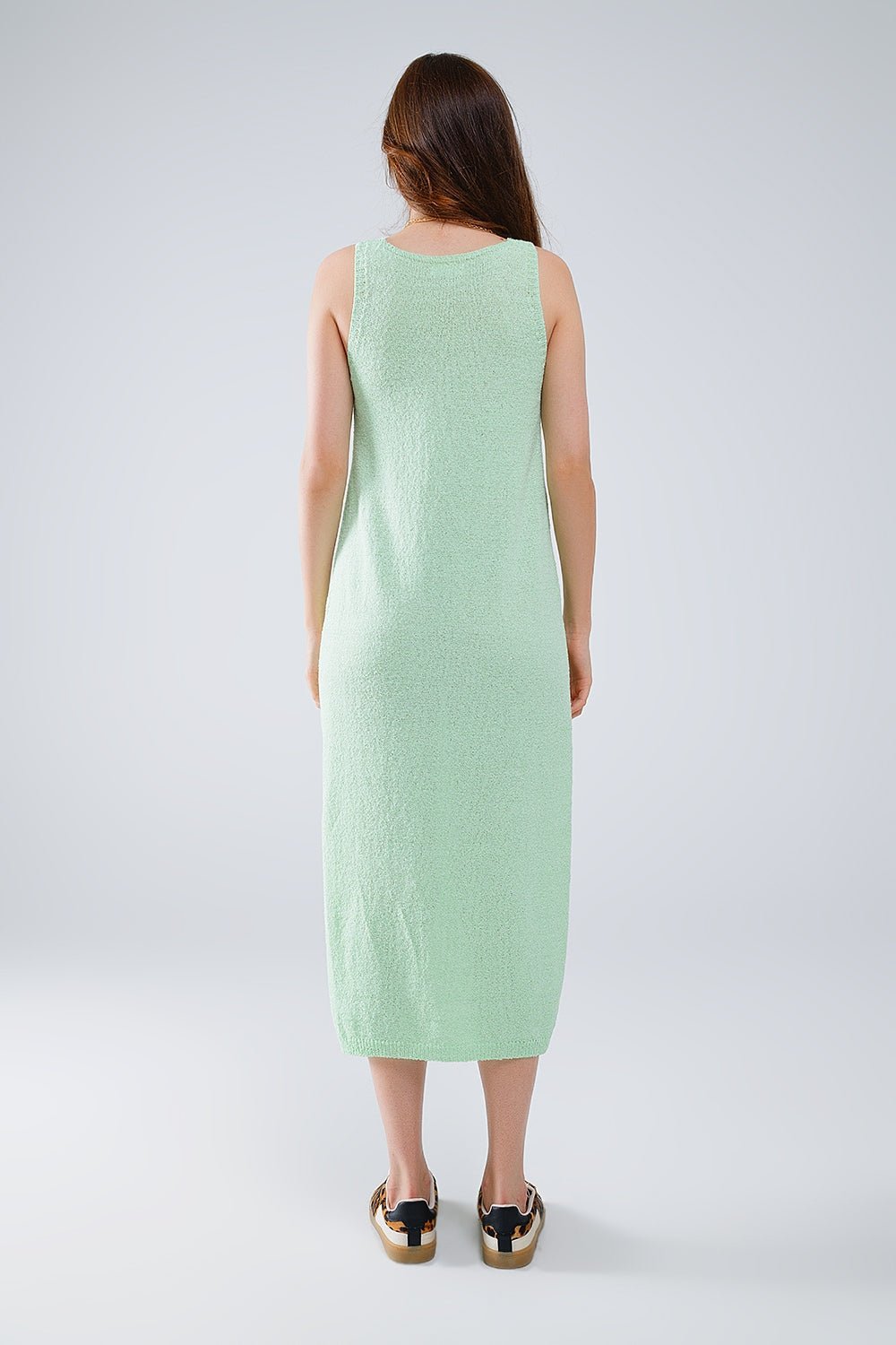 Sleeveless Knitted Maxi Green Dress With Side Slit - Mack & Harvie