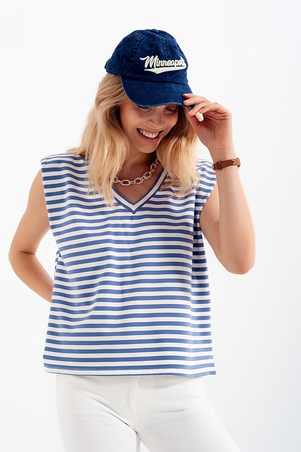 Sleeveless T - Shirt With Shoulder Pad in Blue Stripe - Mack & Harvie