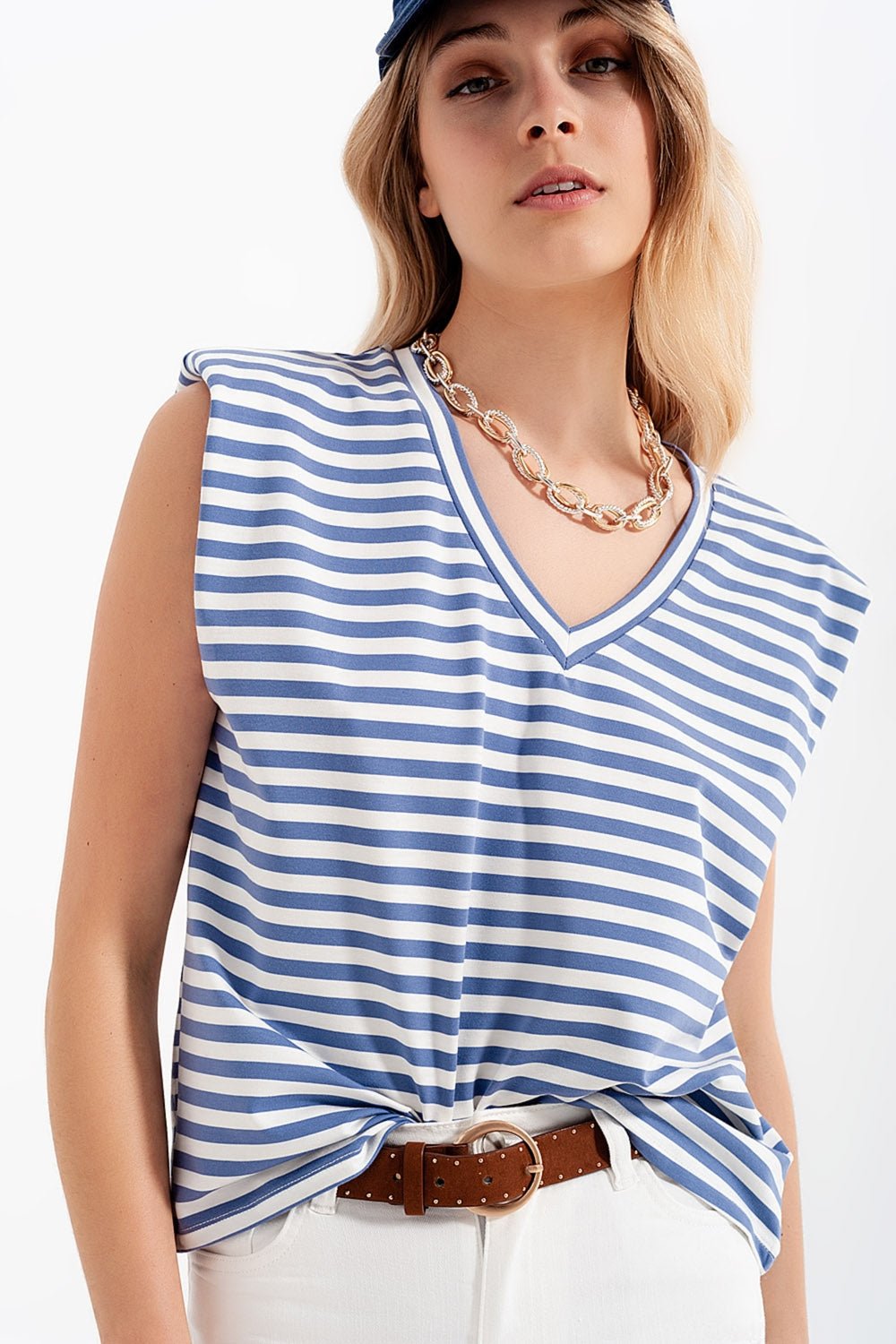 Sleeveless T - Shirt With Shoulder Pad in Blue Stripe - Mack & Harvie