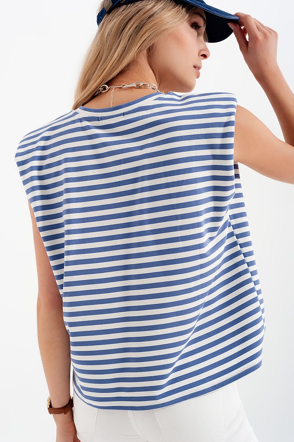 Sleeveless T - Shirt With Shoulder Pad in Blue Stripe - Mack & Harvie