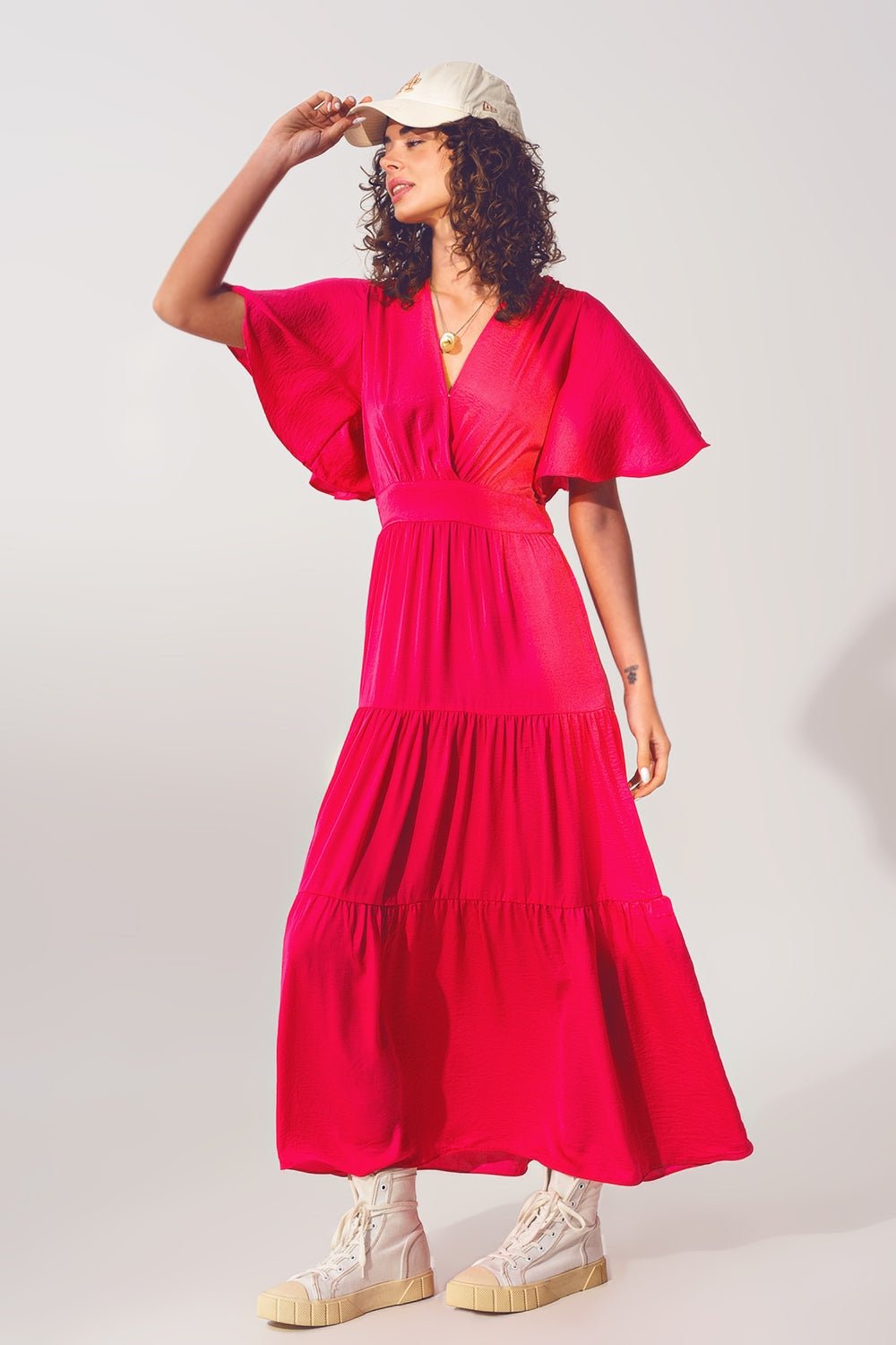 Smock v Neck Maxi Dress in Fucsia - Mack & Harvie