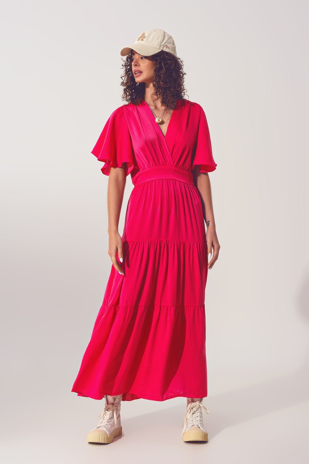 Smock v Neck Maxi Dress in Fucsia - Mack & Harvie