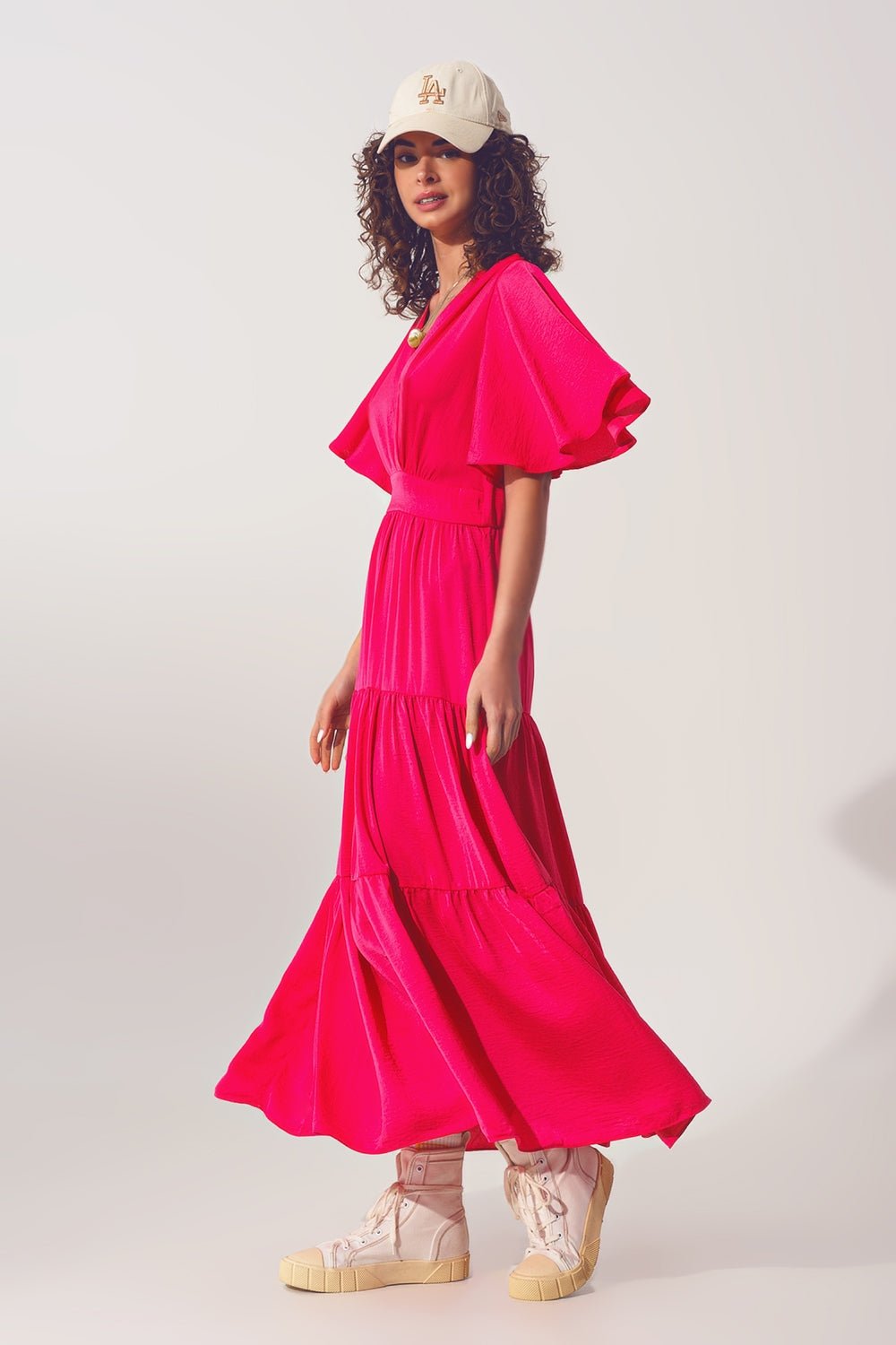 Smock v Neck Maxi Dress in Fucsia - Mack & Harvie