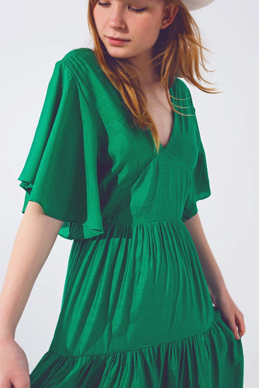 Smock v Neck Maxi Dress in Green - Mack & Harvie