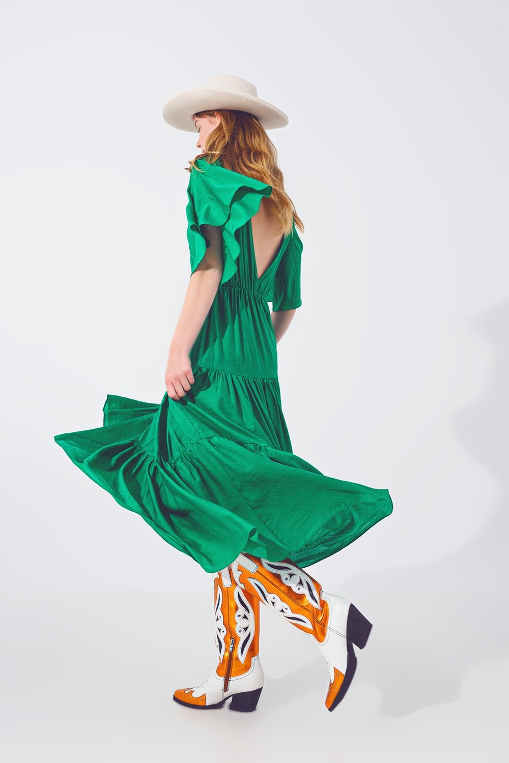 Smock v Neck Maxi Dress in Green - Mack & Harvie