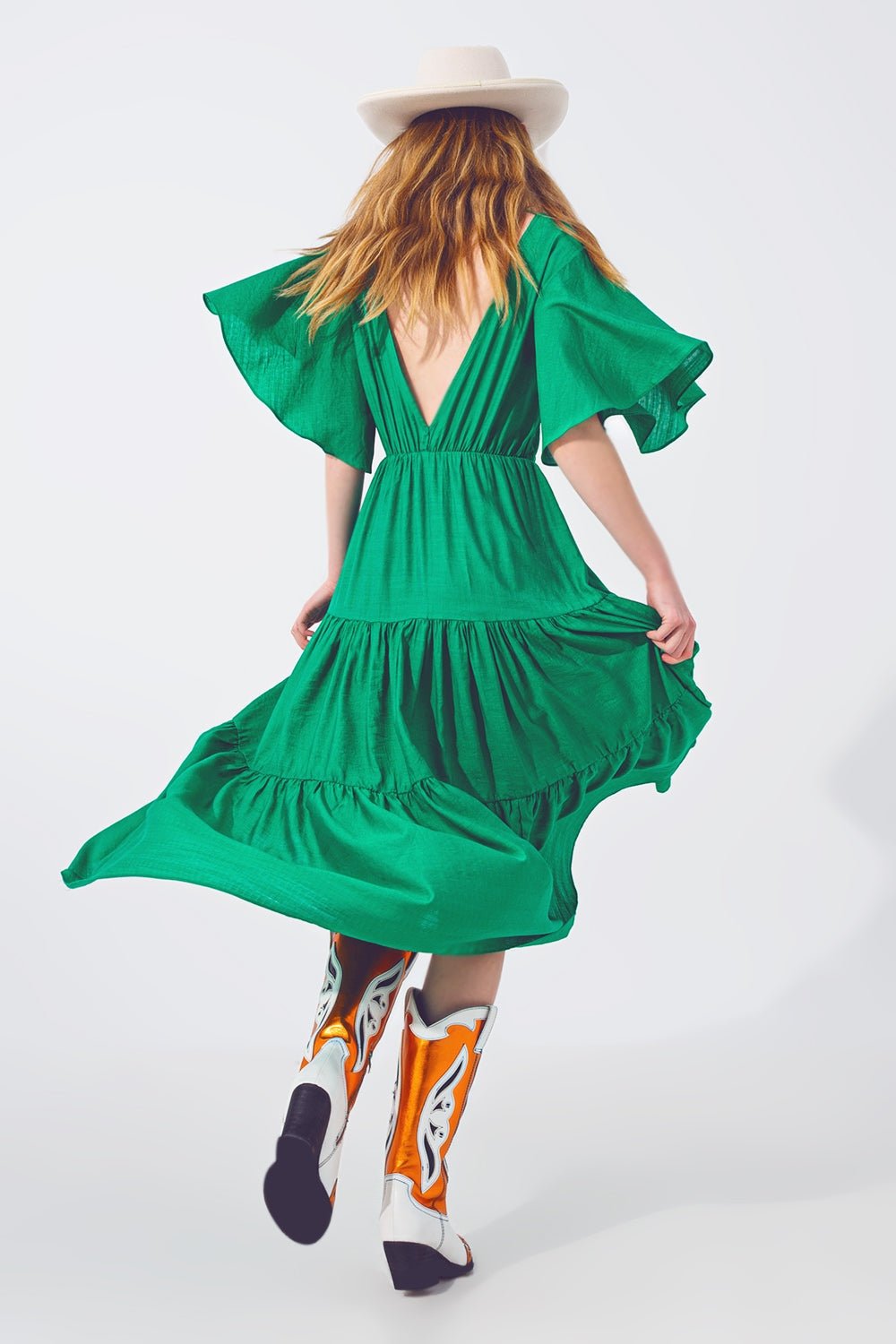 Smock v Neck Maxi Dress in Green - Mack & Harvie