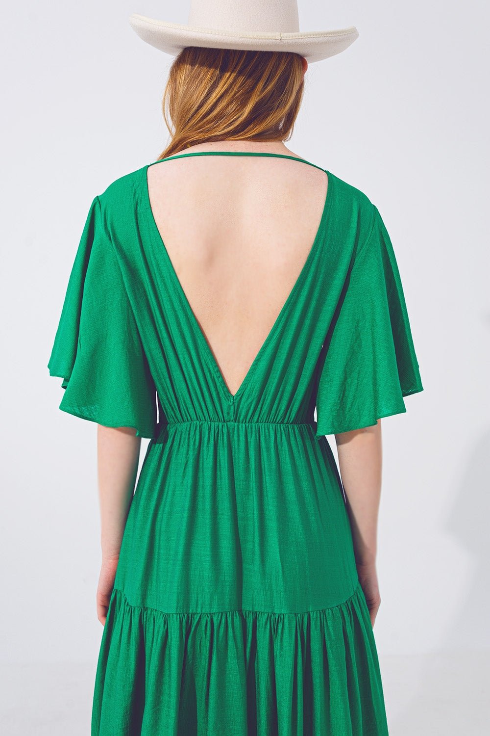 Smock v Neck Maxi Dress in Green - Mack & Harvie