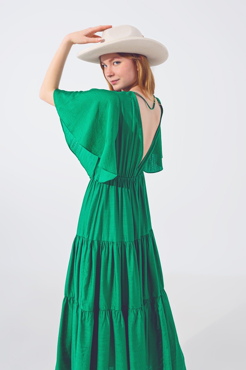 Smock v Neck Maxi Dress in Green - Mack & Harvie