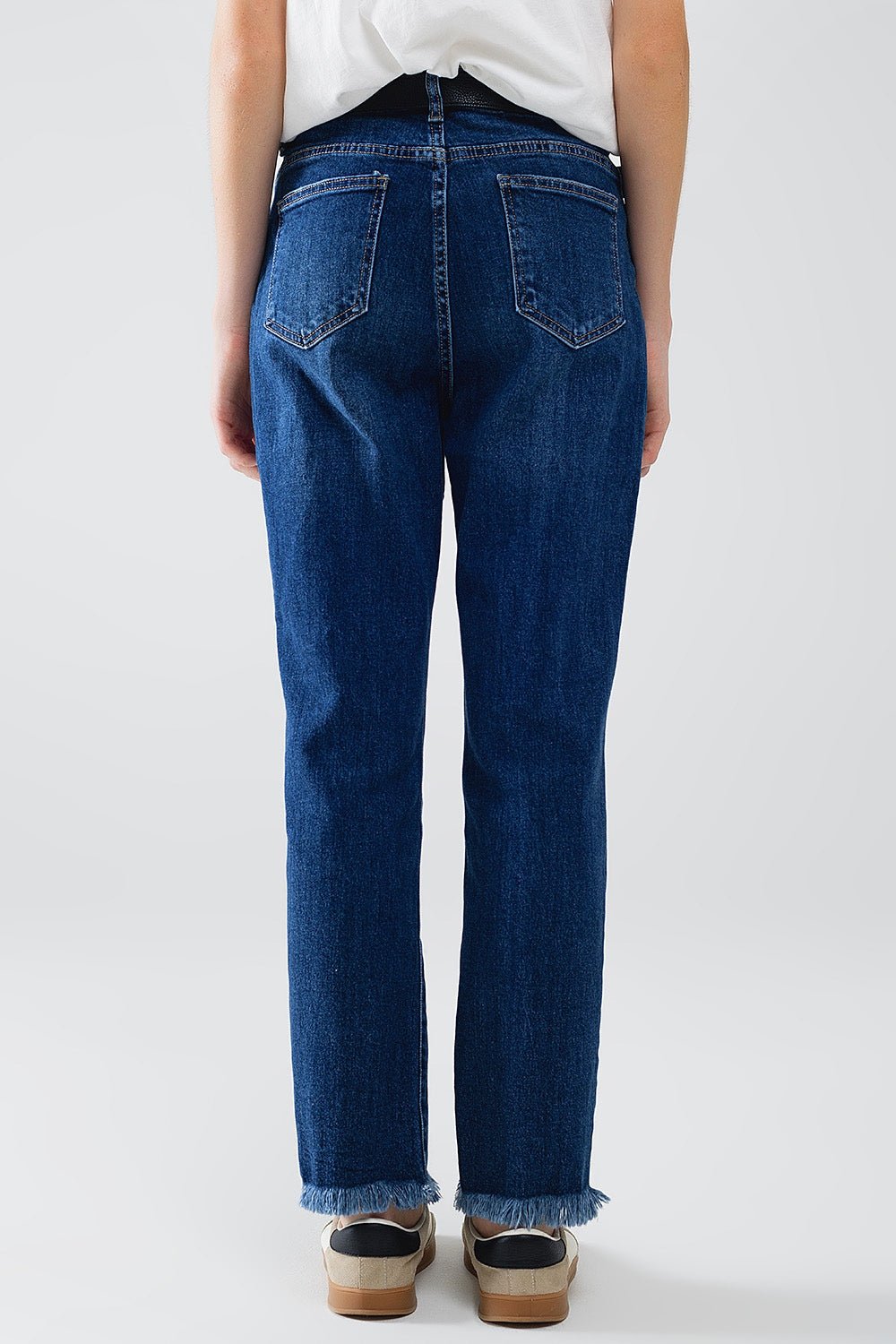 Straight Blue Jeans With Strass Front Details and Frayed Ends - Mack & Harvie