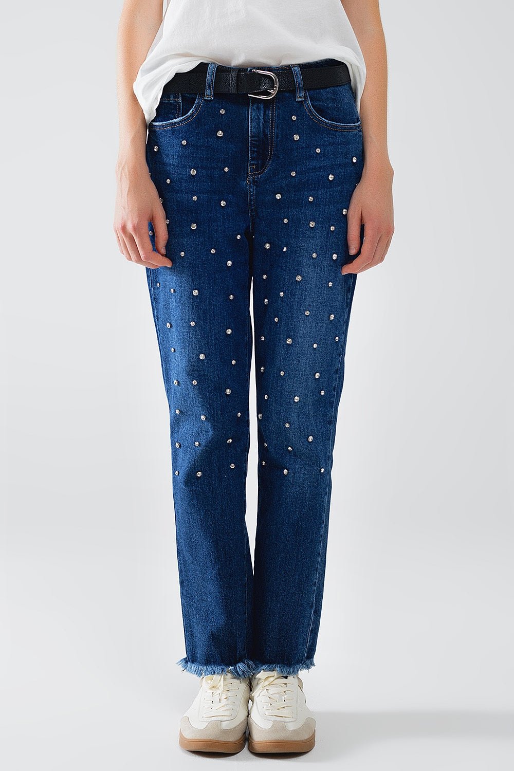 Straight Blue Jeans With Strass Front Details and Frayed Ends - Mack & Harvie