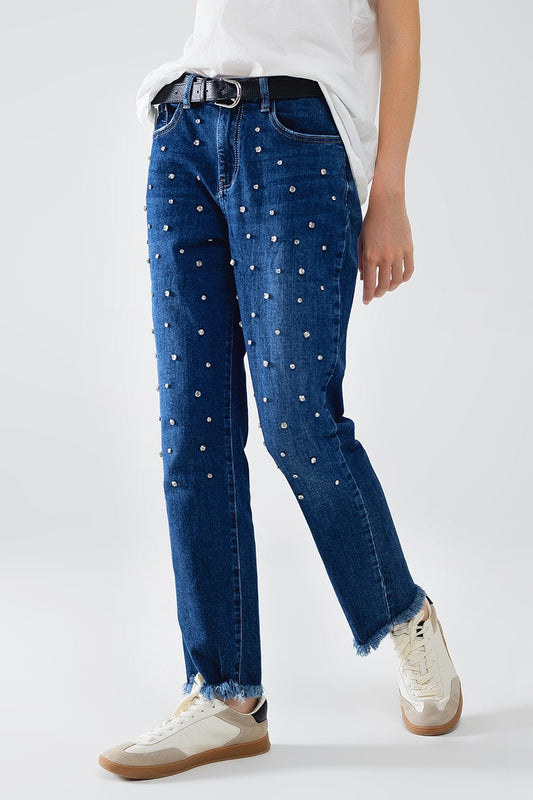 Straight Blue Jeans With Strass Front Details and Frayed Ends - Mack & Harvie