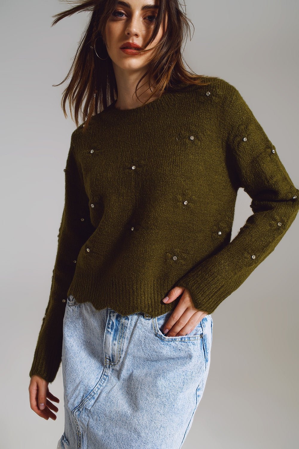 Sweater With Knitted Flowers and Strass Embellished in Khaki - Mack & Harvie