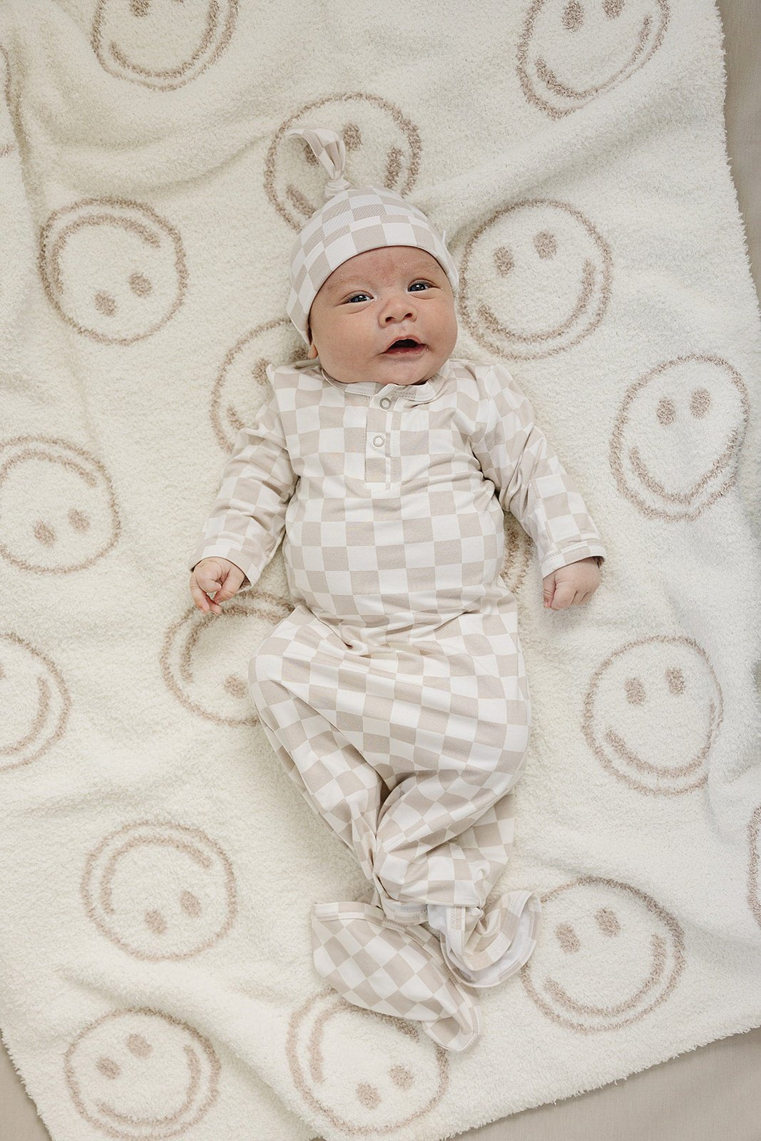 Taupe Checkered Bamboo Newborn Knot Hat - Mack & Harvie