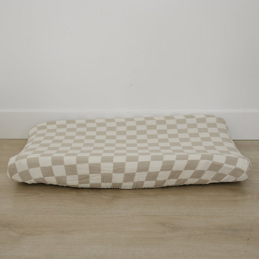 Taupe Checkered Muslin Changing Pad Cover - Mack & Harvie