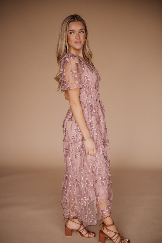 Tayla Midi Lace Dress in Orchid Pink - Mack & Harvie