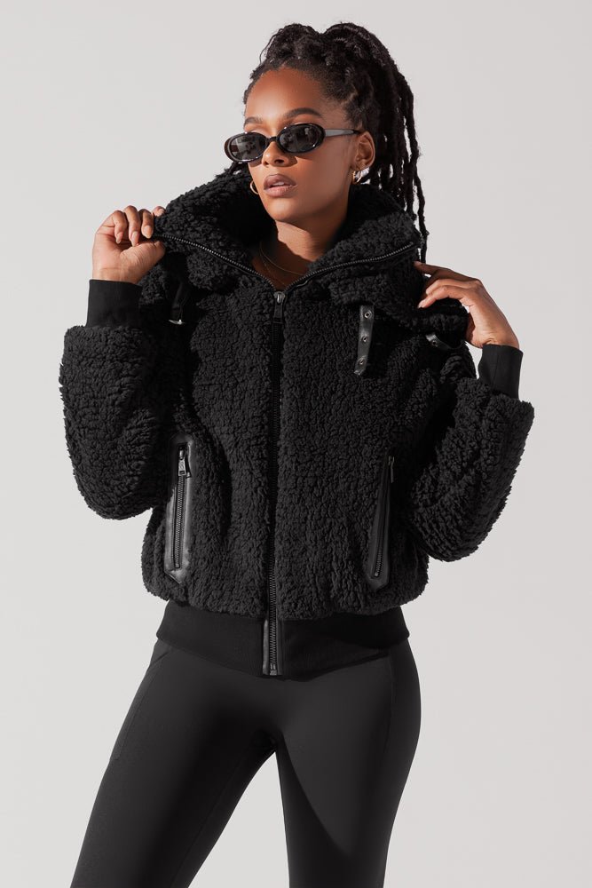 The Kinsley Bomber Jacket in Faux Sherpa - Black - Mack & Harvie