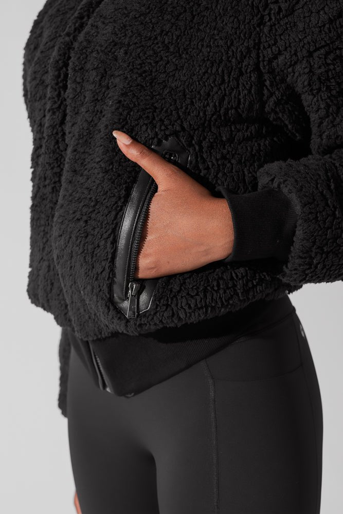 The Kinsley Bomber Jacket in Faux Sherpa - Black - Mack & Harvie