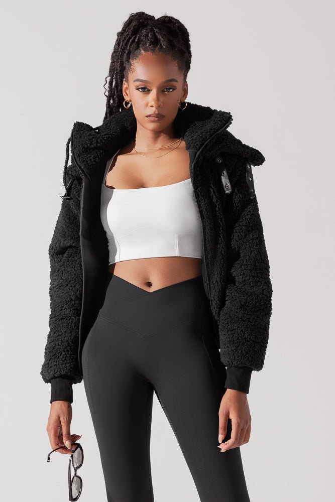 The Kinsley Bomber Jacket in Faux Sherpa - Black - Mack & Harvie