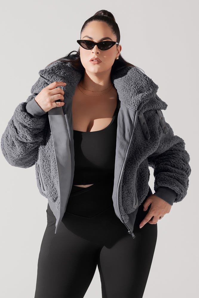 The Kinsley Bomber Jacket in Faux Sherpa - Grey - Mack & Harvie