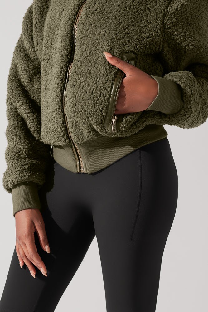 The Kinsley Bomber Jacket in Faux Sherpa - Olive - Mack & Harvie