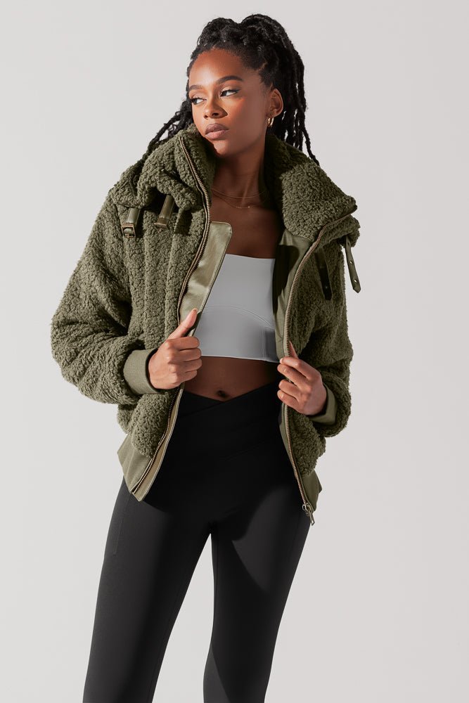 The Kinsley Bomber Jacket in Faux Sherpa - Olive - Mack & Harvie