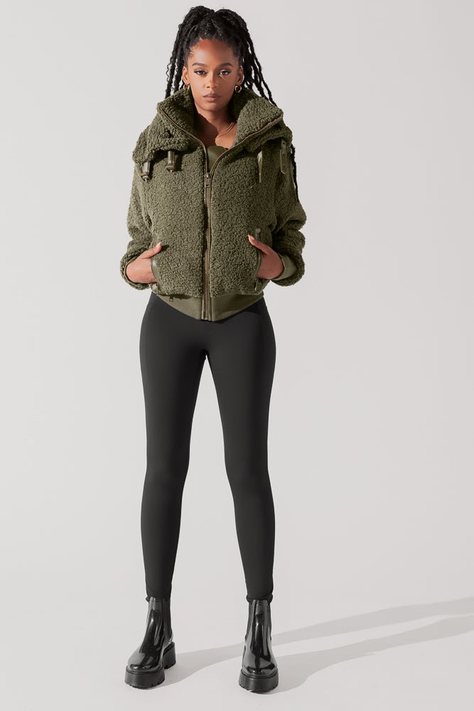 The Kinsley Bomber Jacket in Faux Sherpa - Olive - Mack & Harvie