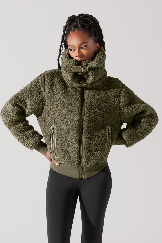 The Kinsley Bomber Jacket in Faux Sherpa - Olive - Mack & Harvie