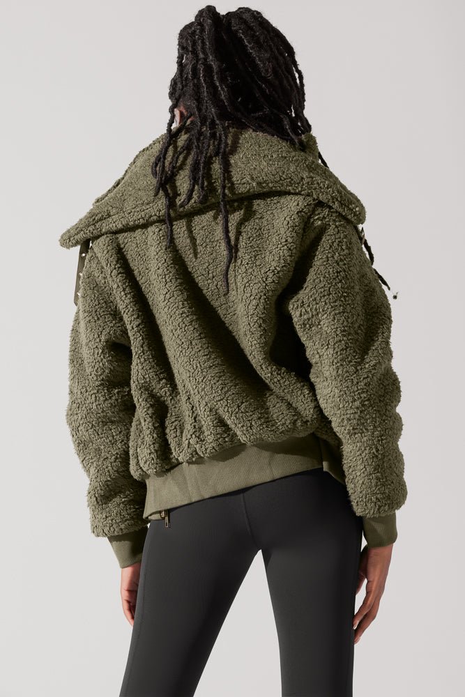 The Kinsley Bomber Jacket in Faux Sherpa - Olive - Mack & Harvie