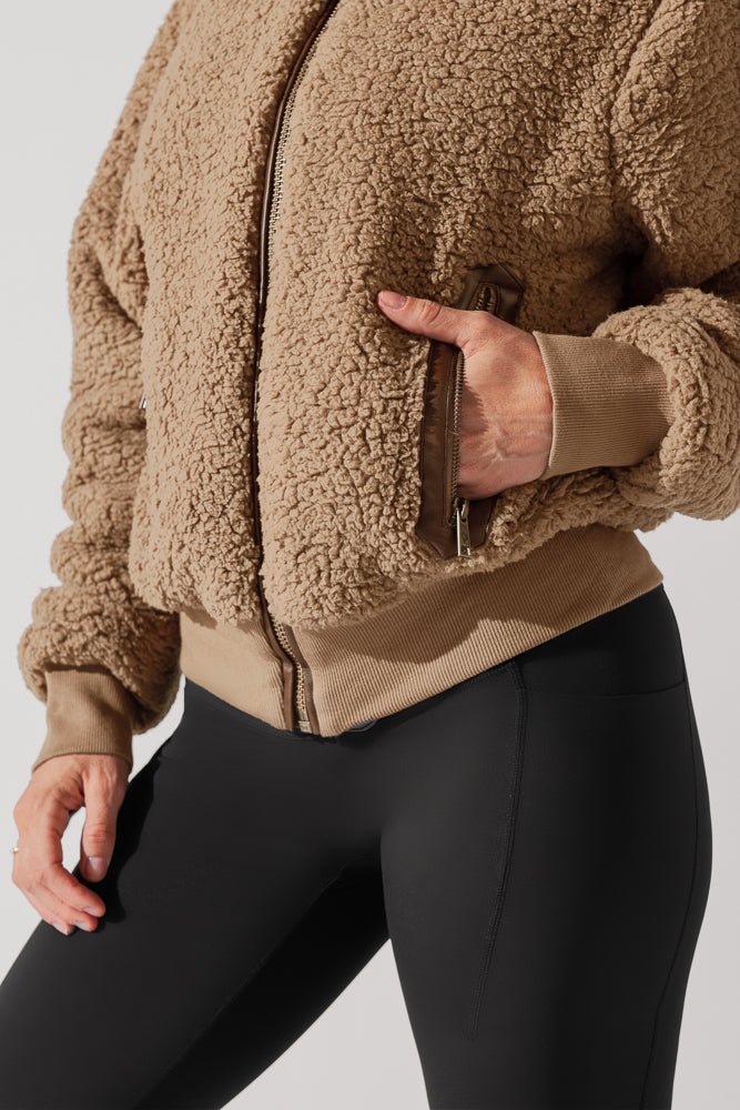 The Kinsley Bomber Jacket in Faux Sherpa - Teddy Bear Brown - Mack & Harvie