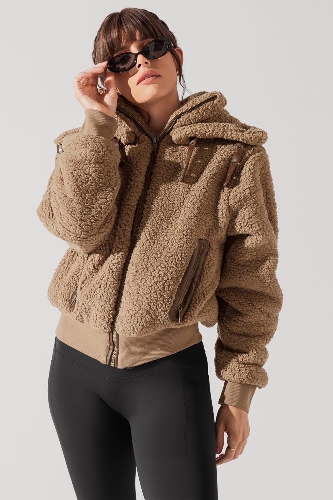 The Kinsley Bomber Jacket in Faux Sherpa - Teddy Bear Brown - Mack & Harvie