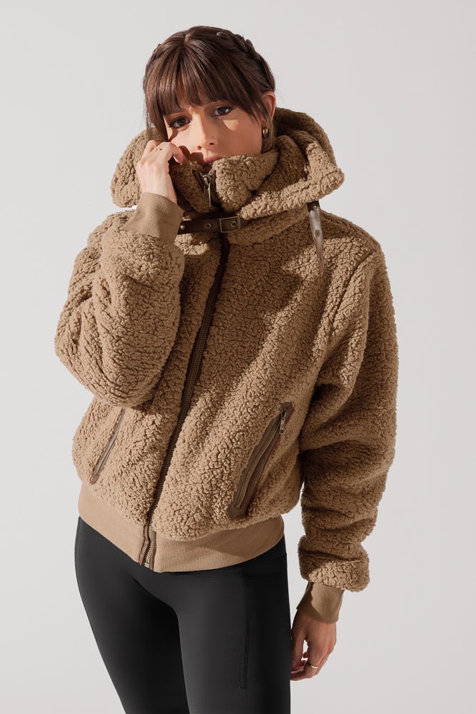 The Kinsley Bomber Jacket in Faux Sherpa - Teddy Bear Brown - Mack & Harvie