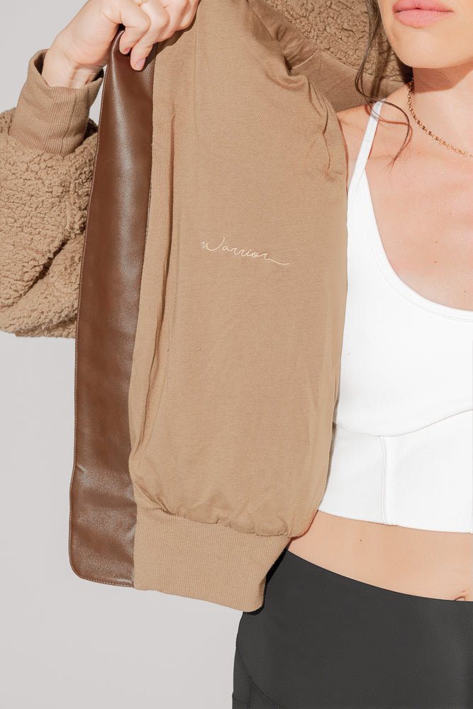 The Kinsley Bomber Jacket in Faux Sherpa - Teddy Bear Brown - Mack & Harvie