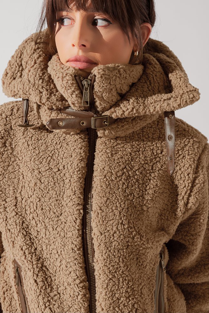 The Kinsley Bomber Jacket in Faux Sherpa - Teddy Bear Brown - Mack & Harvie