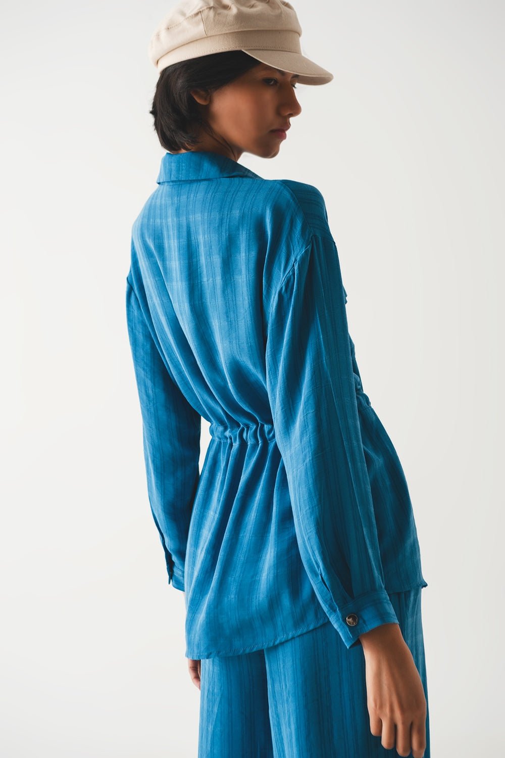 Tie Waist Long Sleeve Shirt in Blue - Mack & Harvie