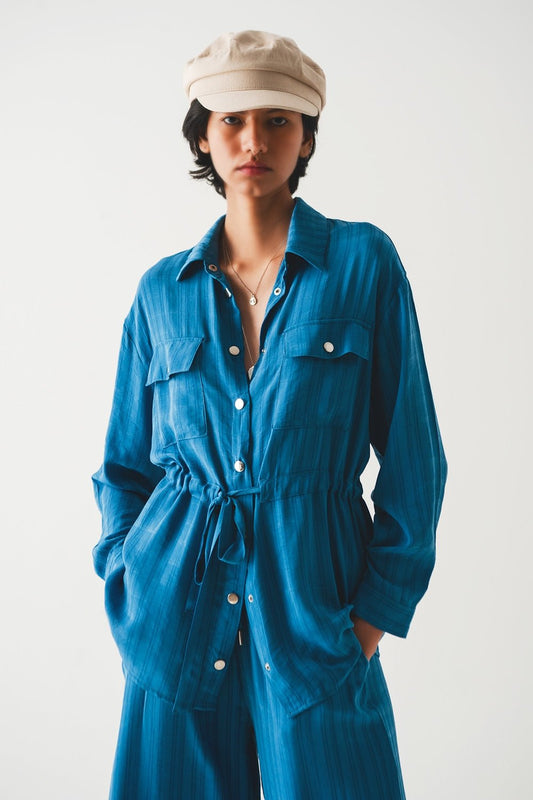 Tie Waist Long Sleeve Shirt in Blue - Mack & Harvie