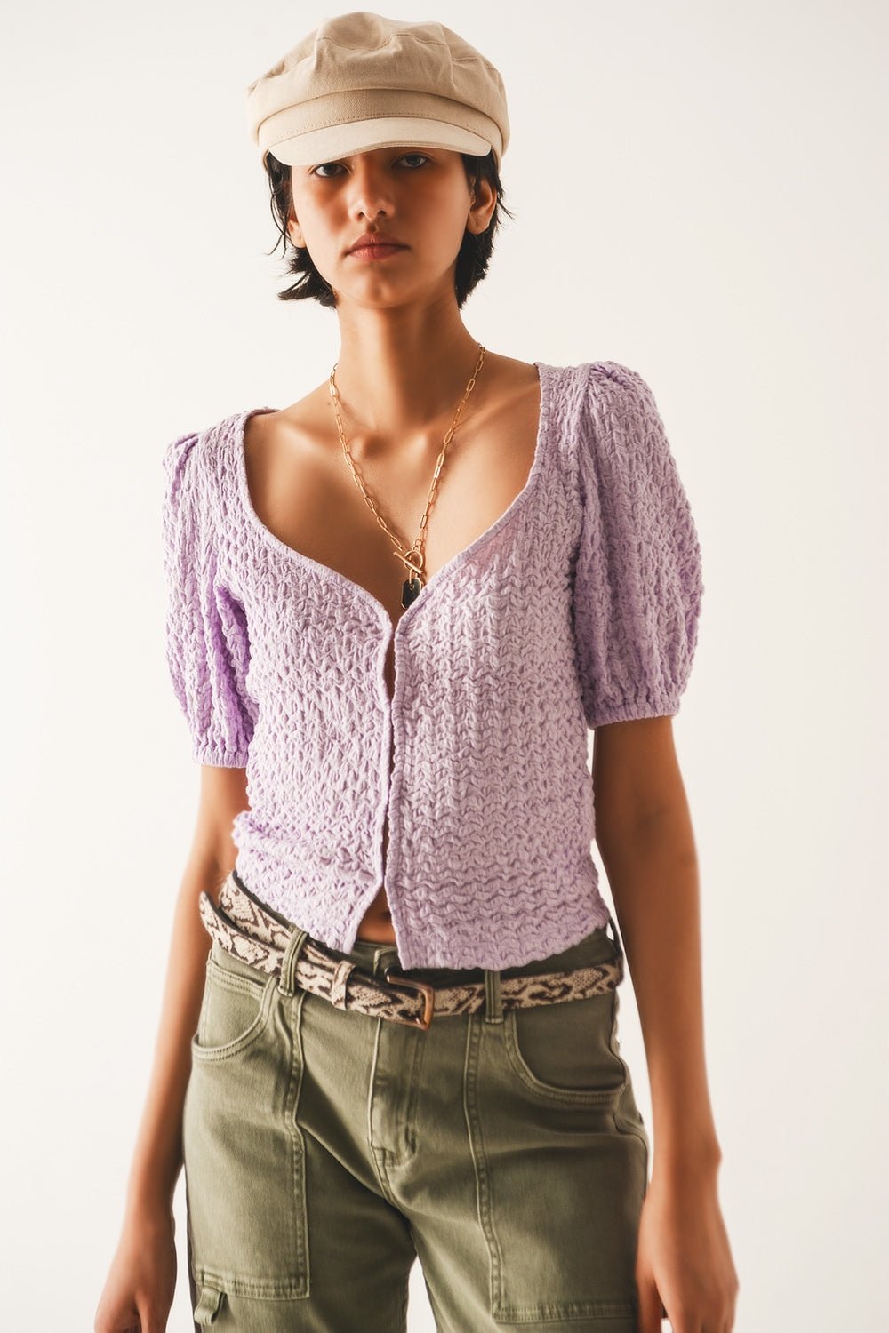 Top With Balloon Sleeves and Hook and Eye Closure in Lila - Mack & Harvie