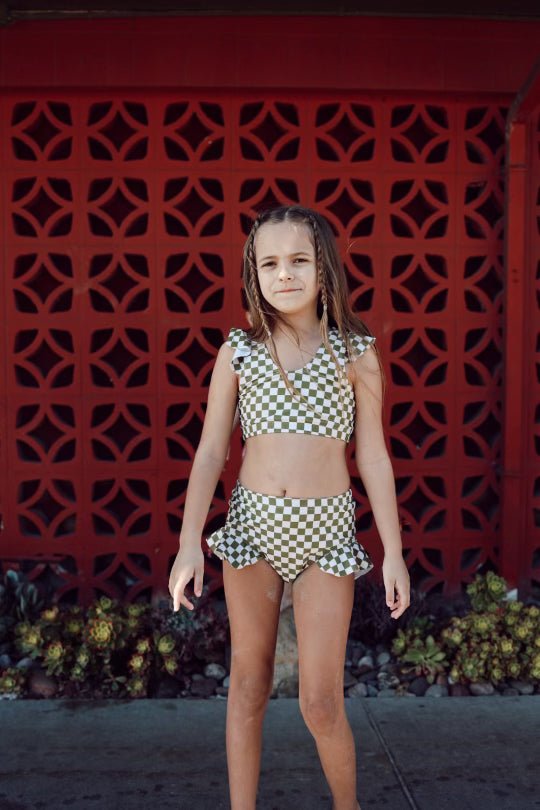 Two Piece Girls Swim Suit | Wave Chaser Olive Checker - Mack & Harvie