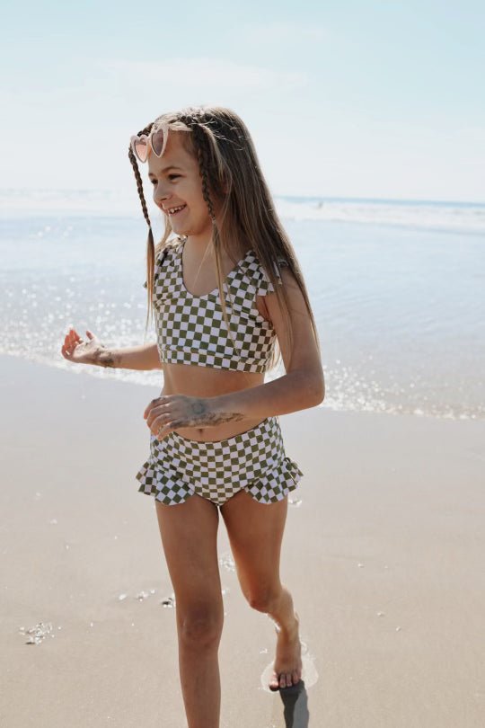 Two Piece Girls Swim Suit | Wave Chaser Olive Checker - Mack & Harvie