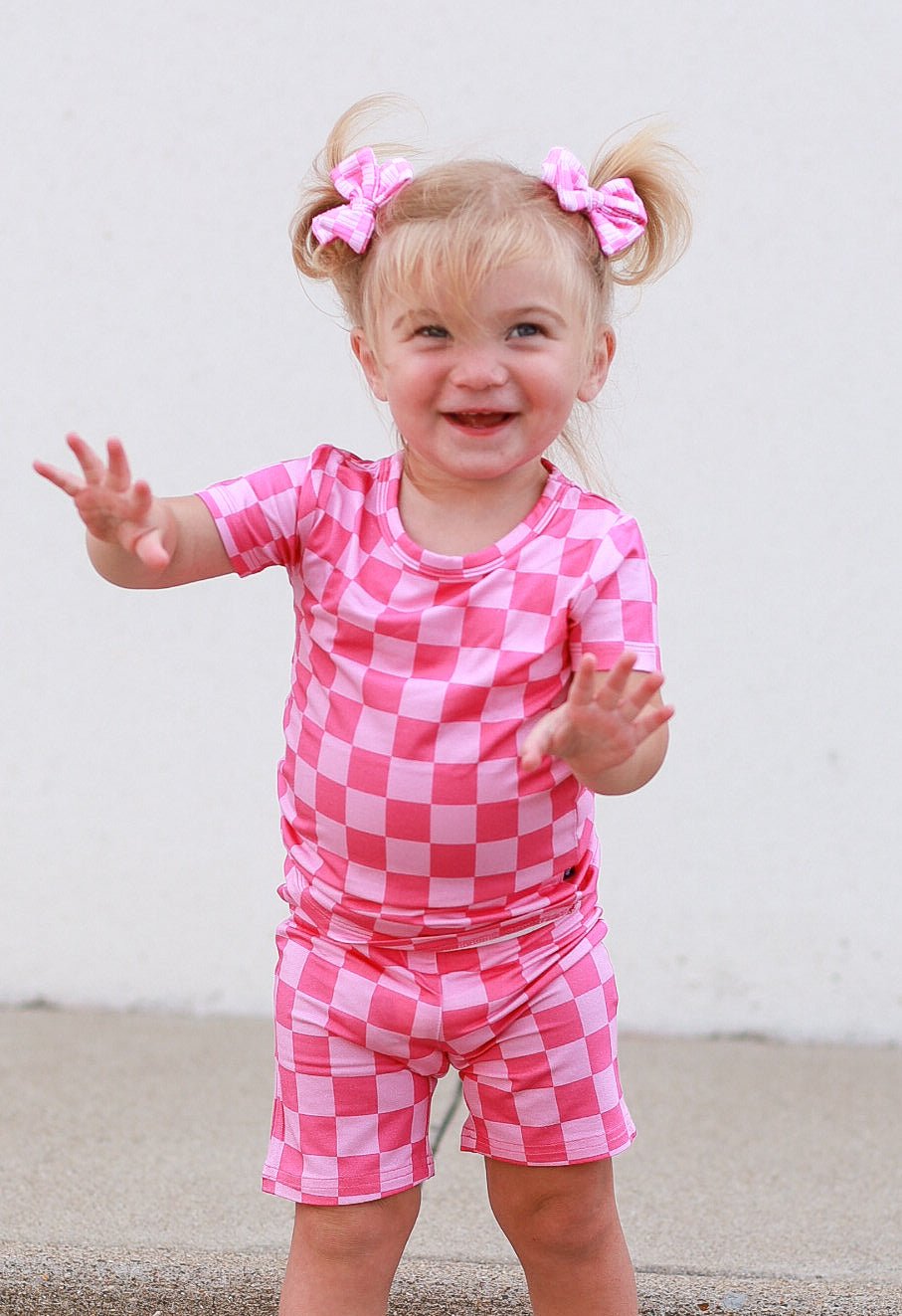 TWO PIECE SHORTIE SET - Pink Check - Mack & Harvie