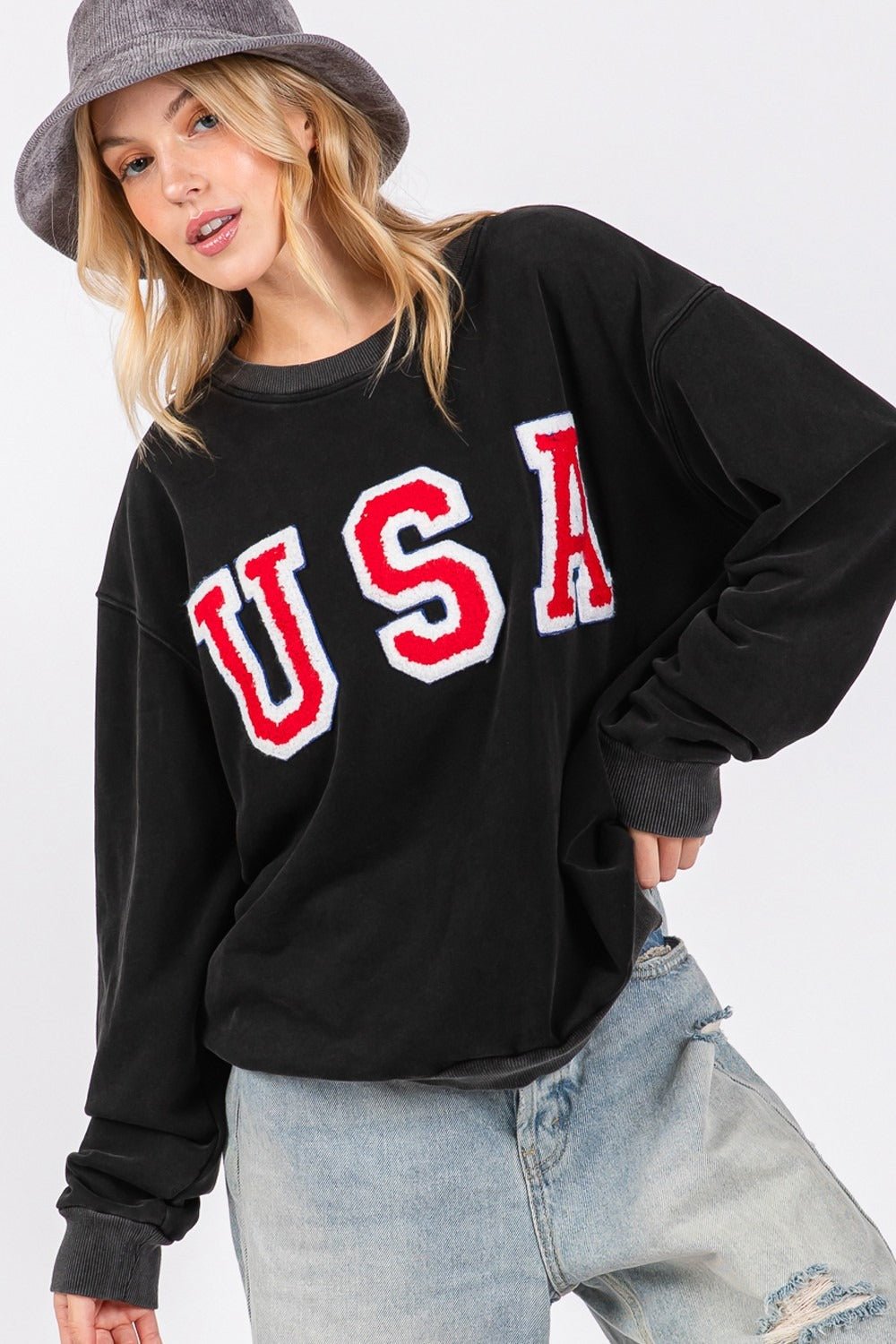 USA Letter Patch Round Neck Sweatshirt - Mack & Harvie