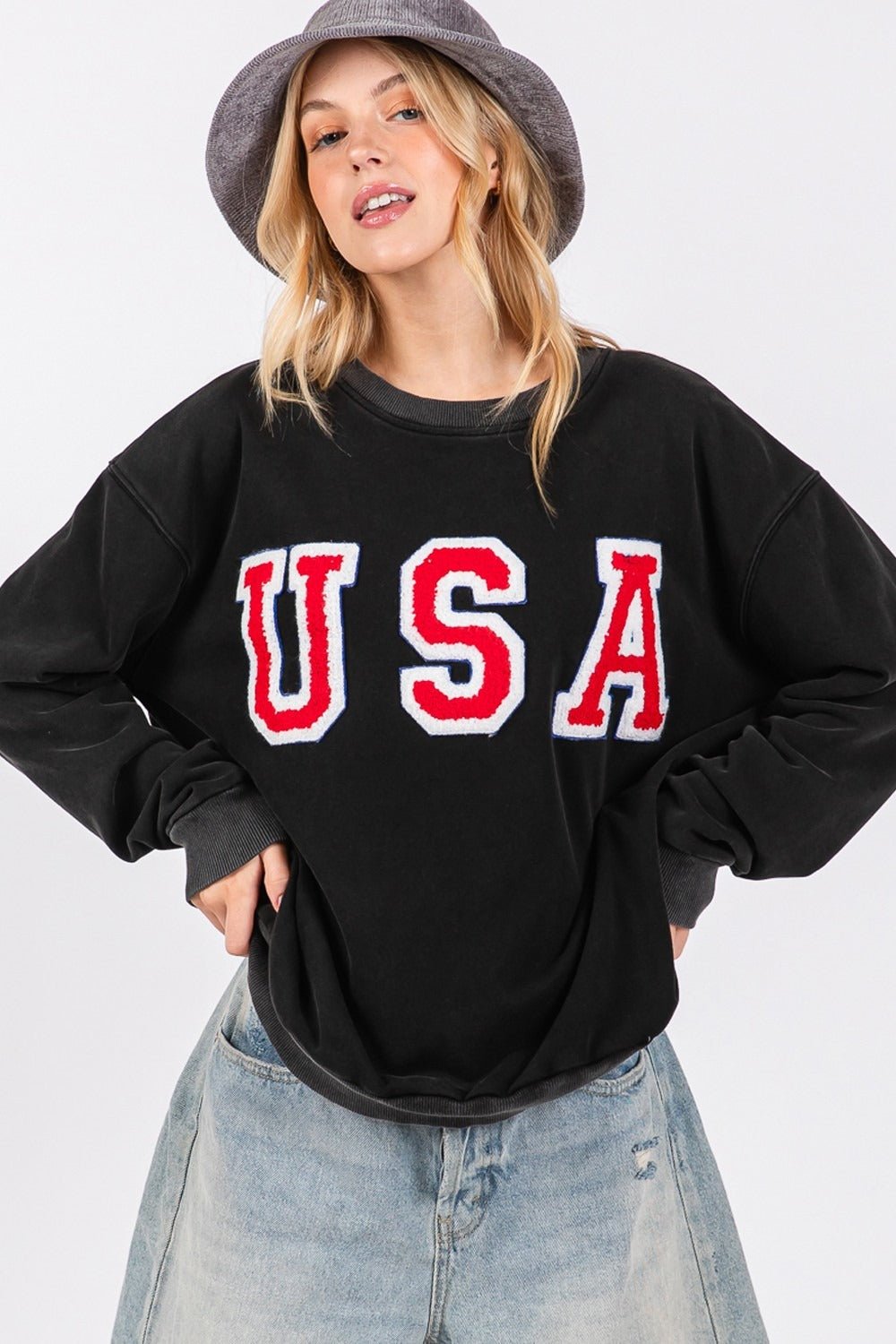 USA Letter Patch Round Neck Sweatshirt - Mack & Harvie